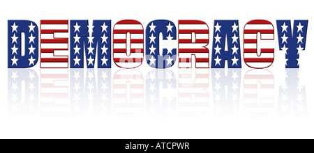 La democrazia parola con sovrapposto bandiera americana star e motivo a strisce Foto Stock