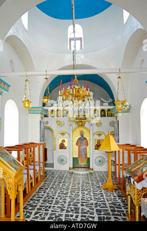 Interno della Chiesa Ortodossa Greca, Lipsi, isole Dodecanesi, Grecia Foto Stock