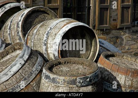 Vecchi barili di birra su di un carrello di fronte alla fabbrica di birra, Vestfalia Museo Open-Air Hagen, Strada di Industria Cultura Foto Stock