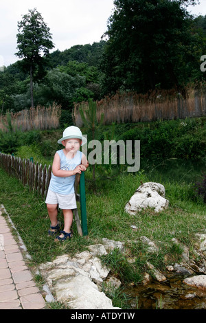 Tema Dinosaur Park kid soggiornare vicino alla recinzione Foto Stock