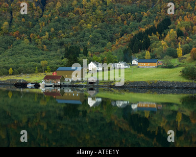 Borgo sulle rive del Naerøyfjorden, Norvegia. Foto Stock