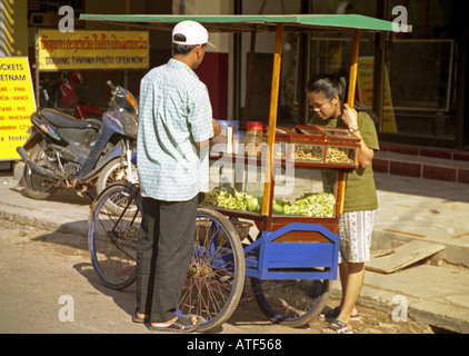 Donna indigena uomo con mobile tre ruote a pedali chiosco di bicicletta vendere le arachidi e la frutta secca Vang Vieng Laos del sud-est asiatico Foto Stock