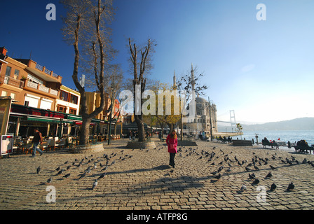 ISTANBUL, Turchia. Un inverno di vista del Bosforo waterfront presso il quartiere alla moda di Ortakoy, con la moschea Mecidiye dietro. 2007. Foto Stock