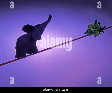 Toy elephant a camminare su una fune verso un fiore. Concetto di movimento, lo sviluppo sostenibile, la precisione e il senso di uno scopo Foto Stock