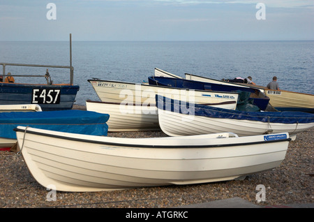 La pesca e le imbarcazioni da diporto redatto sulla spiaggia a Sidmouth, East Devon, Inghilterra Foto Stock