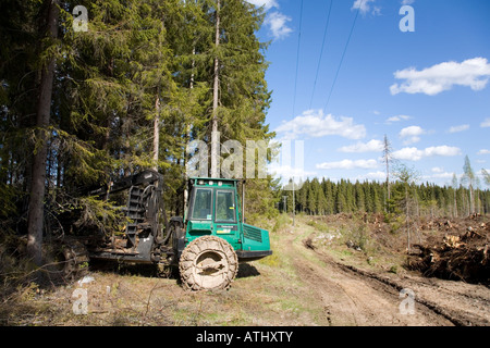 Green Timberjack macchina forestale parcheggiata al bordo della foresta di taiga , Finlandia Foto Stock