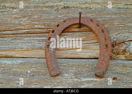 Il ferro di cavallo come simbolo per fortuna sulla parete di un log house legname vecchio capannone lato aperto verso il basso per fortuna si sta esaurendo la sfortuna Foto Stock