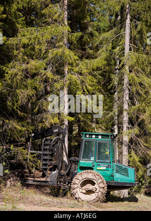 Green Timberjack macchina forestale parcheggiata al bordo della foresta di taiga , Finlandia Foto Stock