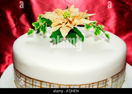 Un decorato splendidamente decorati a mano ghiacciata di torta di frutta su un raso rosso sfondo in un studio con flash design da Pam Hannon Foto Stock