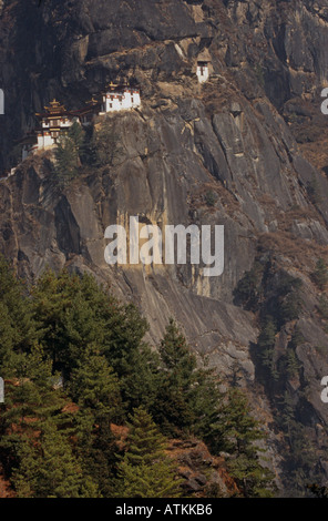 Paro Taktsang tempio complesso (Tiger's Nest) arroccato sulla scogliera sopra la valle di Paro, Bhutan, Asia del Sud Foto Stock