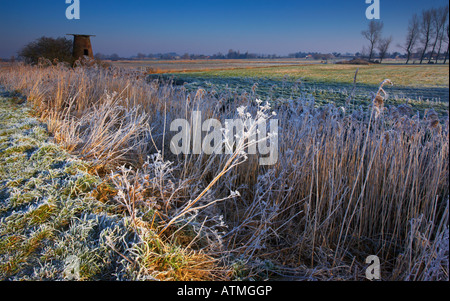 Una bella mattina il pupazzo di neve a ponte Ludham staithe in Norfolk Broads Foto Stock