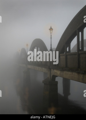 Luce artificiale sul ponte di nebbia Foto Stock