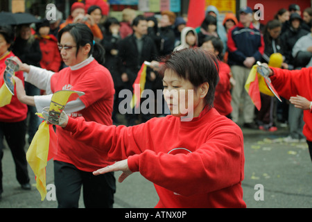 I partecipanti praticare il Tai Chi annuali di celebrazione del Capodanno cinese Victoria British Columbia Canada Foto Stock