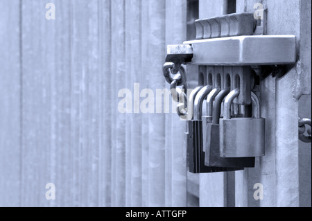 Cinque lucchetti su una porta di metallo concetto shot per la sicurezza sulle questioni connesse Foto Stock