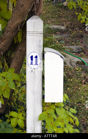 Palo di legno e la casella di posta elettronica numero undici in giardino Foto Stock