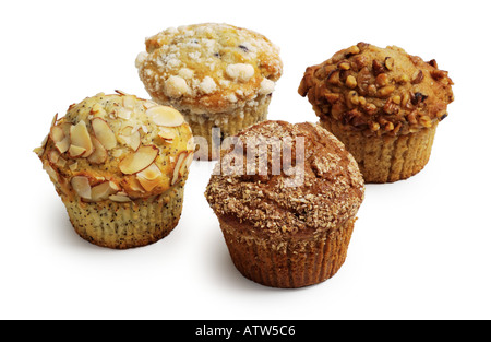 Quattro muffin mandorla Poppyseed mirtillo crusca di dado di Banana Foto Stock