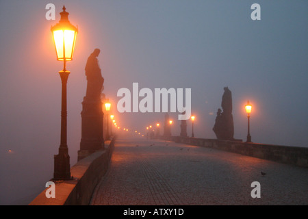 Prague Charles Bridge su un Foggy Dawn con luci di strada Foto Stock