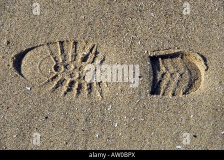 Singola calzatura solitario stampa su una spiaggia di sabbia Foto Stock