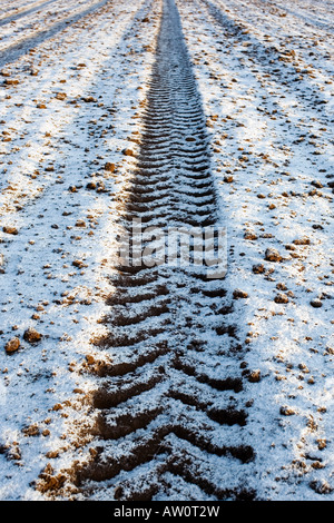 Il pneumatico del trattore tracce su un campo di pupazzo di neve in inverno. Oxfordshire, Inghilterra Foto Stock