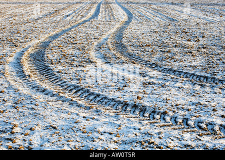 Il pneumatico del trattore tracce su un campo di pupazzo di neve in inverno. Oxfordshire, Inghilterra Foto Stock