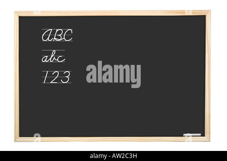 Scuola di blackboard con abc manoscritta lettere e cifre 123 - isolato su bianco Foto Stock