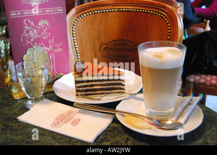 Caffè e torta Dobos, Cafè Gerbeaud, Piazza Vorosmarty, Pest, Budapest, Repubblica di Ungheria Foto Stock