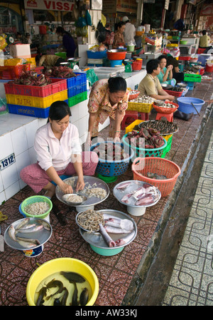 Preparare i fornitori a vendere pesce e altri materiali di consumo al di fuori del mercato di Ben Thanh, HO CHI MINH CITY SAIGON VIETNAM Foto Stock