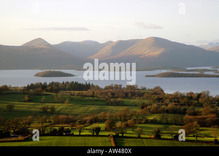 Il BONNY BONNY sponde del Loch Lomond alla vista di Loch Lomond che mostra le montagne del TROSSACHS Foto Stock