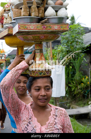 Locale donna Balinese che effettuano il trasporto di merci su vi capi Ubud Bali Indonesia Foto Stock