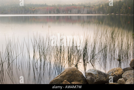 Tramonto attraverso la nebbia su Upper Hadlock Pond guardando verso il picco calva Parco Nazionale di Acadia nel Maine USA Foto Stock