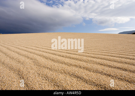 Idilliaca spiaggia incontaminata e nuvoloso cielo blu Foto Stock