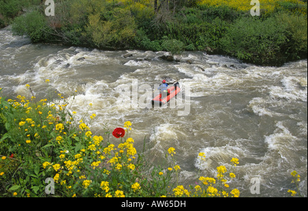 Un kayaker spara le rapide e le acque bianche del fiume Giordano sulla sponda ovest in primavera Foto Stock