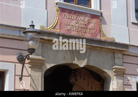 Dettaglio sopra l'ingresso di una tipica casa di Koenigstrasse 5 al quartiere Neustadt di Dresda in Sassonia Germania Foto Stock