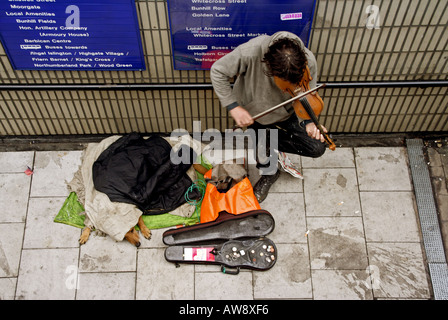 Un suonatore ambulante svolge il suo violino in un sottopasso a Londra mentre il suo cane si nasconde sotto una coperta Foto Stock