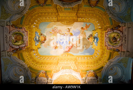 Affresco di Paul Troger sul soffitto della libreria all'interno barocco monastero dei benedettini dell'Abbazia di Melk in Austria Foto Stock