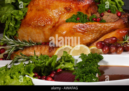 tacchino ripieno arrosto con sugo di carne su un piatto bianco e cena di Natale con verdure guarnire sul tavolo dall'alto orizzontale negli Stati Uniti ad alta risoluzione Foto Stock