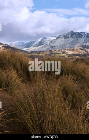 Cadair Idris, Penygader, dalle dune di sabbia di Barmouth, Gwynedd, Galles del Nord Foto Stock