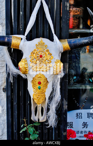 Golden ornati Yak cranio, Lhasa, in Tibet Foto Stock