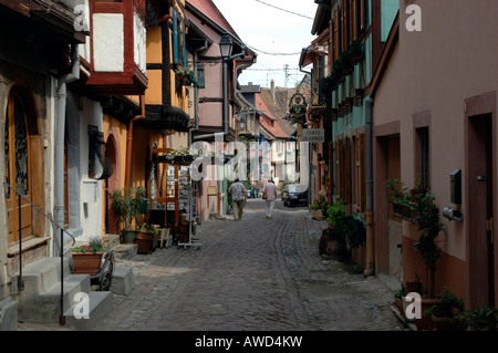 Strada stretta in Eguisheim, Alsazia, Francia, Europa Foto Stock
