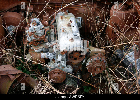 La corrosione del motore un abbandonato bruciata arrugginita vecchia auto Toyota a Bestwood Country Park che ora copre la zona conosciuta come Bestwood Colliery contemporaneamente la fama di essere il più grande nel regno Unito che ha chiuso nel 1967. Bestwood Country Park Nottingham, Regno Unito Foto Stock