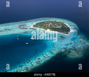 Vista aerea di Baros, Vacanze Isola, North Male Atoll, Maldive, Oceano Indiano Foto Stock