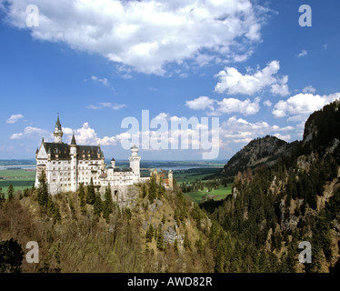 Il Castello di Neuschwanstein, vista da est, vista da Marienbruecke, Forggensee, Allgaeu, Baviera, Germania Foto Stock