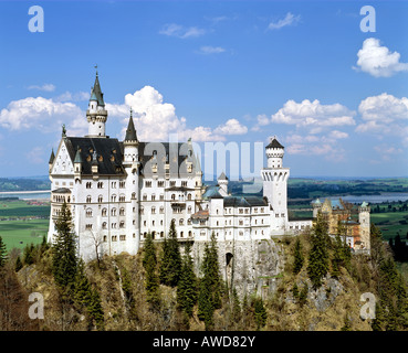 Il Castello di Neuschwanstein, vista da est, vista da Marienbruecke, Forggensee, Allgaeu, Baviera, Germania Foto Stock