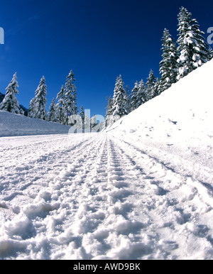 Paese nevoso strada in inverno con tracce di pneumatici Foto Stock