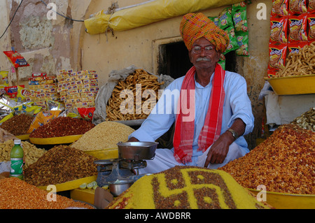 Spice concessionario nella parte anteriore di Ambra Palace, Rajasthan, India Foto Stock