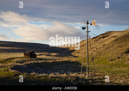 I coloni homestead sulla Eastern Oregon ranch la terra con il mulino a vento Foto Stock