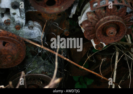 La corrosione del motore un abbandonato bruciata arrugginita vecchia auto Toyota a Bestwood Country Park che ora copre la zona conosciuta come Bestwood Colliery contemporaneamente la fama di essere il più grande nel regno Unito che ha chiuso nel 1967. Bestwood Country Park Nottingham, Regno Unito Foto Stock