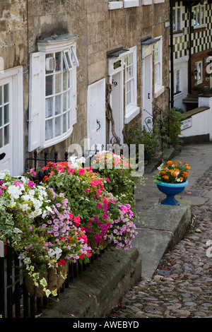 Fiori d'estate case esterno su Kirkgate e water bag Bank Knaresborough North Yorkshire, Inghilterra Foto Stock