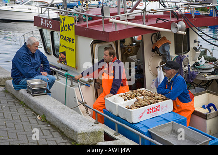 Granchi freschi venduti da una barca da pesca nel porto, Stavanger (Capitale Europea della Cultura 2008), Norvegia, Europa Foto Stock