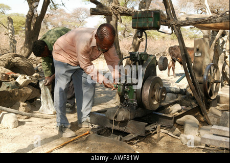 La manutenzione della pompa dell'acqua utilizzata per il bestiame di abbeveratoi, Cattlepost Bothatoga, Botswana, Africa Foto Stock